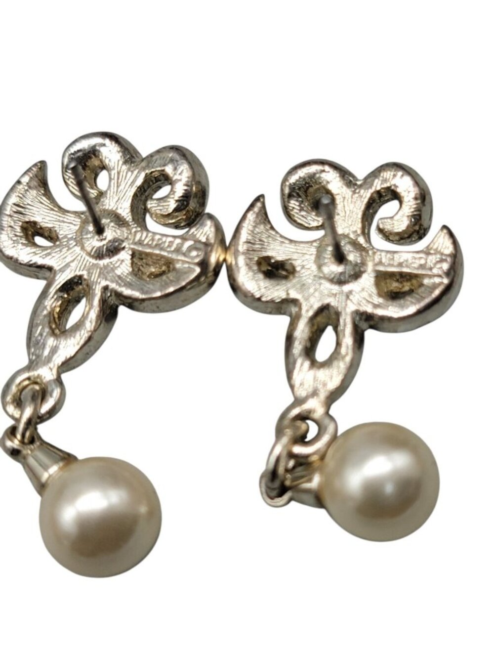 Vintage Napier Fleur-de-lis Rhinestone Pave Post Earrings Dangling Faux Pearl - Picture 10 of 12